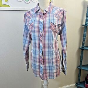 Ariat REAL Women's Pearl Snap Up Plaid Long Sleeve Shirt XL Aztek Embroidery